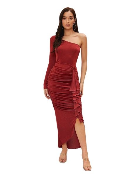

one shoulder ruched draped split hem bodycon dress u0fw#, Black;gray