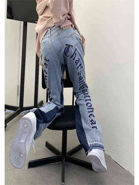 Hohe Taille Brief Drucken Blue Jeans frauen Frühling Sommer European American Hot Mädchen Gerade Ausgestelltes Hosen Denim Hosen Weibliche T220728