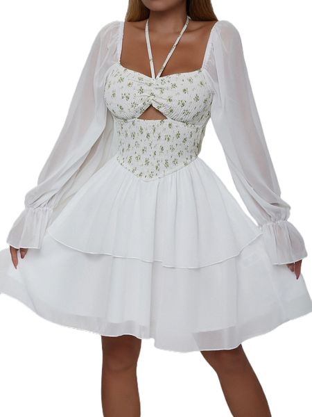 

ditsy floral print flounce sleeve shirred waist layer hem dress f8du#, Black;gray