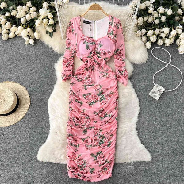 

casual dresses square neck long sleeve floral dress with a high sense of design, foreign style, printed pleat, hip wrap and knee length skir, Black;gray