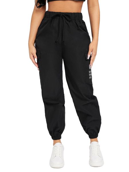 

petite slogan patched drawstring pants s49c#, Black;white