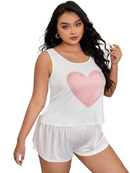 

plus striped heart print pj set s5tg#, Black;white