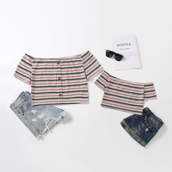 

family look outfits mother daughter matching clothes 2022 new summer mom kids girl striped off shoulder casual mommy and me, Blue