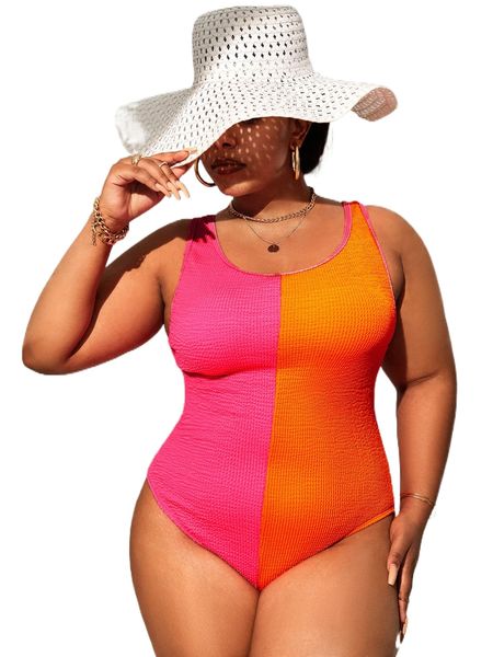 

plus colorblock textured cut-out one piece swimsuit d8up#, White;black