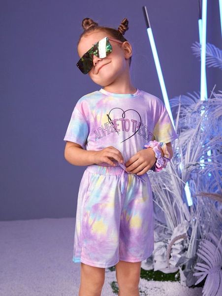 

toddler girls slogan graphic tie dye & track shorts set she, White