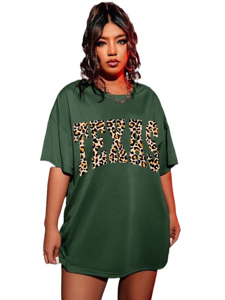 

plus leopard & letter graphic drop shoulder tee f1nv#, Black