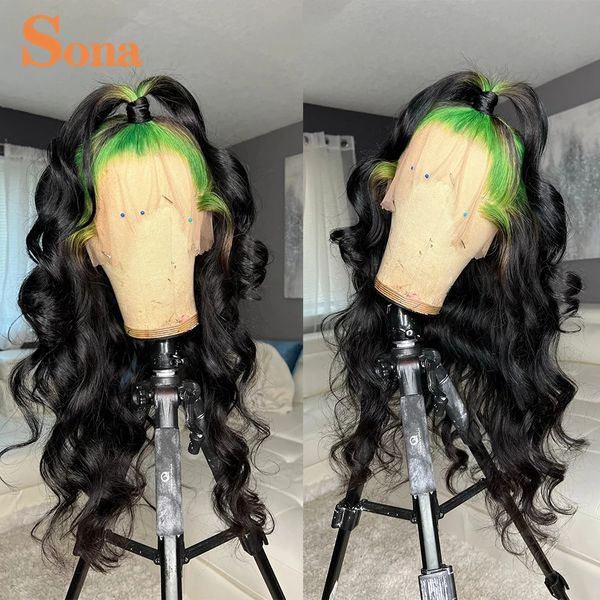 

30inch green ombre color loose wave wig simulation human hair pre plucked 13x4 synthetic lace front wigs for black women