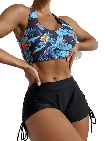 

plant print drawstring bikini swimsuit t0ps#, White;black