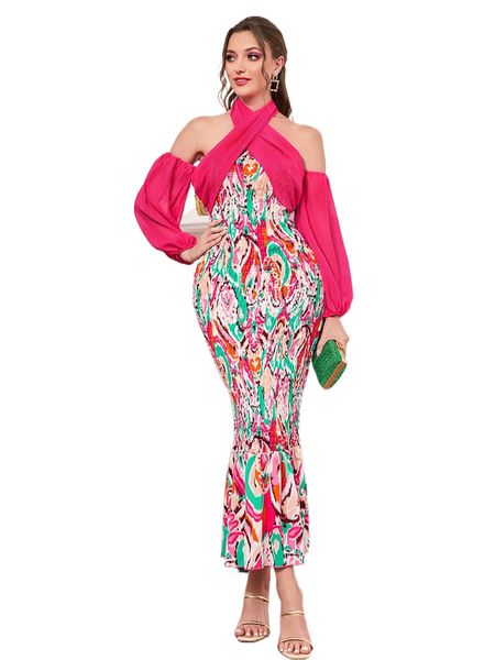 

graphic print shirred halter neck mermaid hem dress k1za#, Black;gray