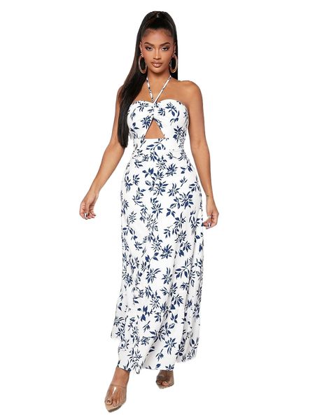 

sxy plants print halter neck dress m8ly#, Black;gray