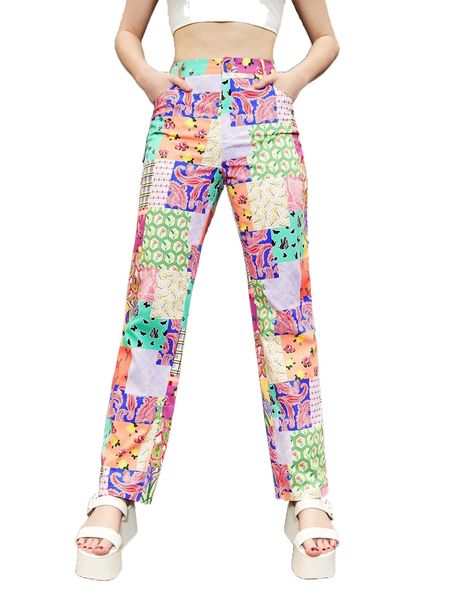 

patchwork print straight leg pants u2ey#, Black;white