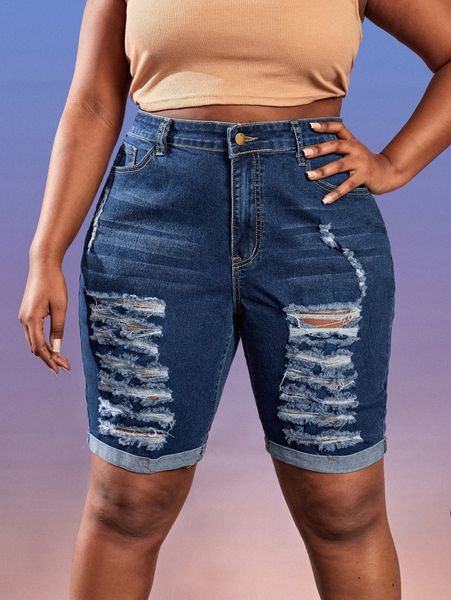 

sxy plus high waist ripped frayed roll hem denim shorts d19z#, White;black