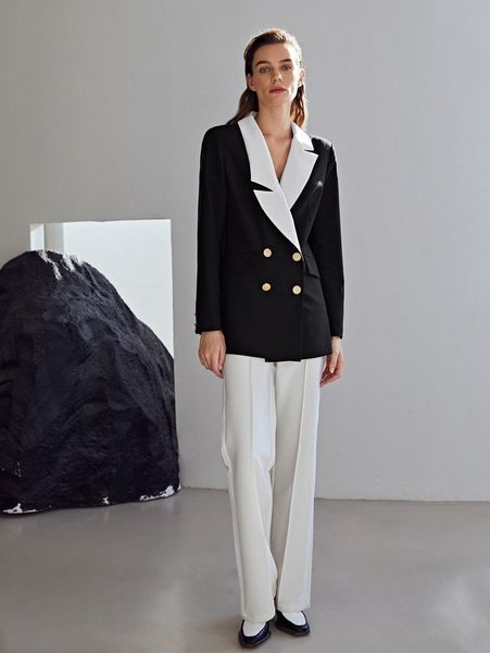 

motf premium viscose double breasted blazer v91u#, White