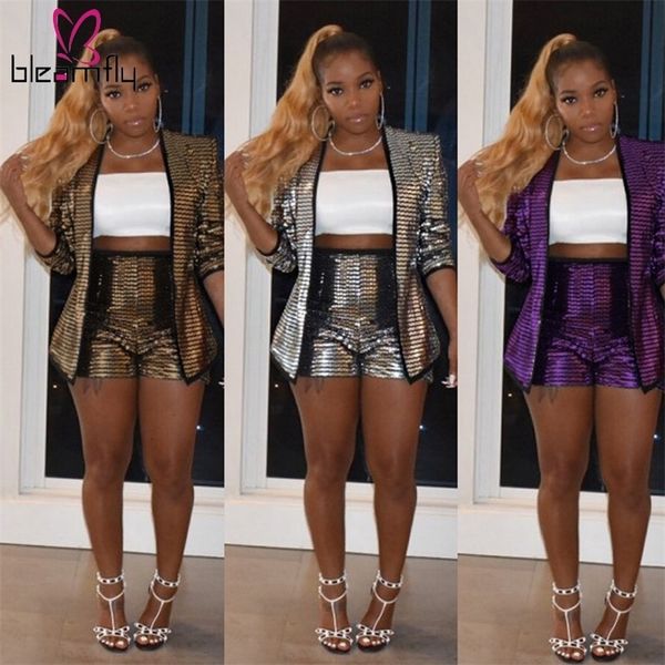 

autumn women tracksuits sequined two piece sets long sleeve cardigans and bodycon shorts suits elegant plus size outfits t200325, White