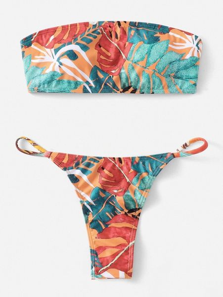 

tropical print bandeau thong bikini swimsuit l7ek#, White;black
