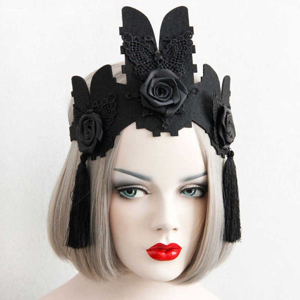 Schwarze Spitze Stirnband Kronen Barock Schmetterling Rosenkronen -Stirnbänder mit Quasten Queen Hair Accessoires Mädchen Halloween Schmuck