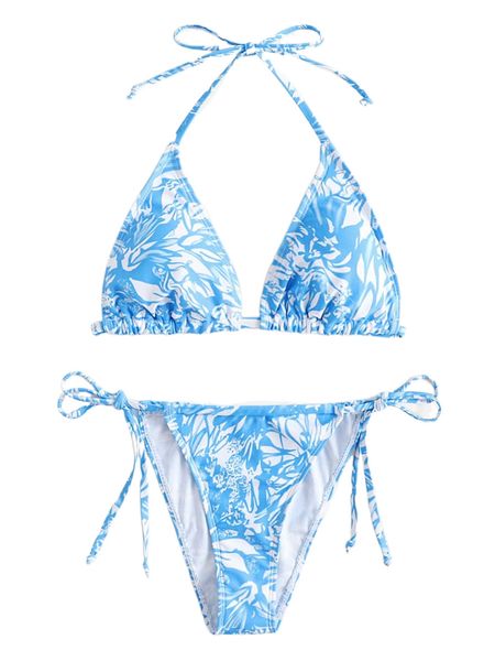 

allover print triangle tie side bikini swimsuit k2uj#, White;black