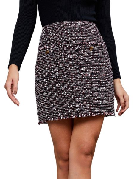 

high waist plaid dual pocket raw trim tweed skirt s5zv#, Black