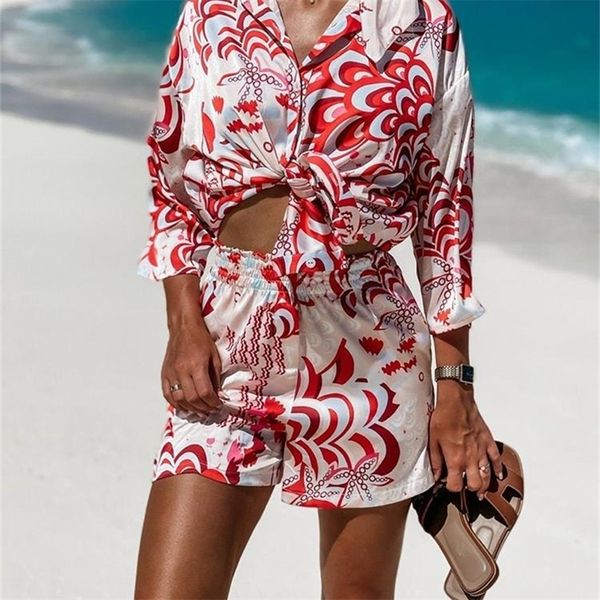 

womens shirt sets fashion printed summer long sleeve shirt shorts 2 pieces set lady vintage holiday beach casual outfits 220602, Gray