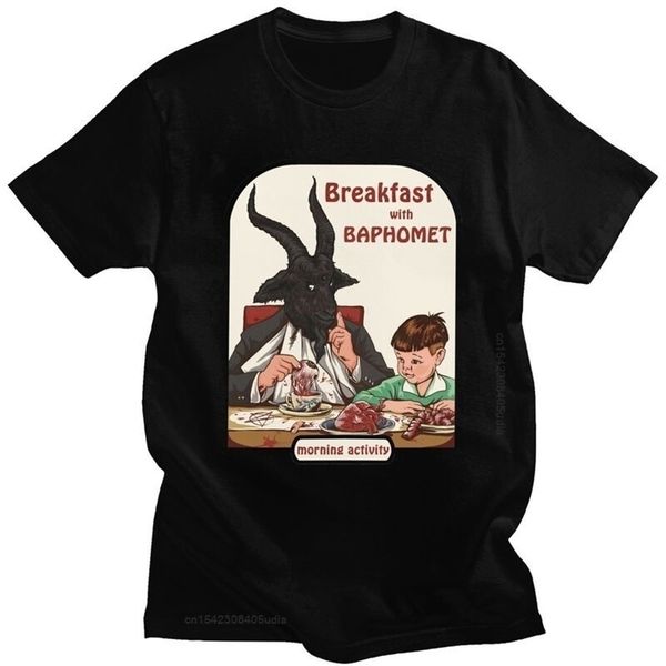 

classic breakfast with baphomet t shirt men short sleeve cotton t-shirt leisure devil satan demon goat tee streetwear tshirt 220520, White;black