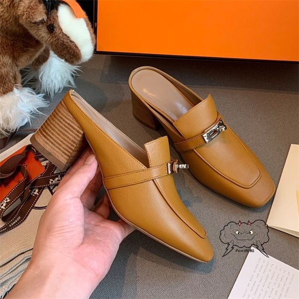 

30% off 2022 slippers sandals genuine leather square toe muller slippers thick heel women's shoes spring summer outdoor, Black