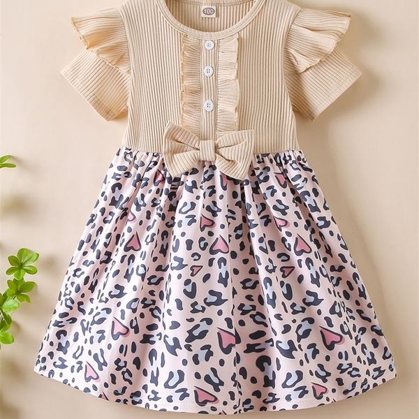 

little girl leopard ruffle front bow dress she, Red;yellow