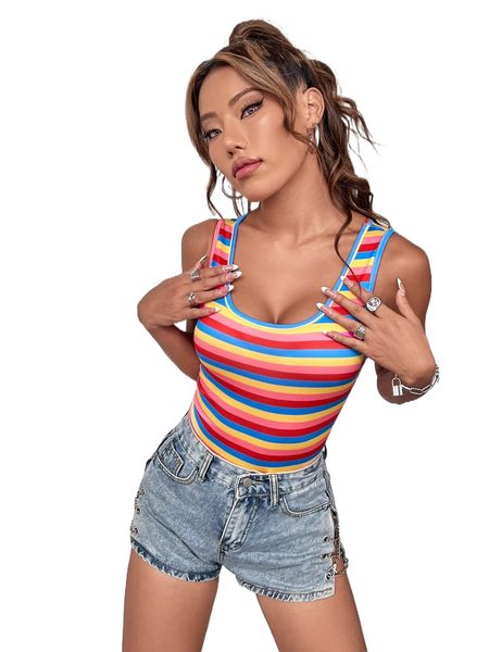 

colorful striped print tank bodysuit 14hq#, White