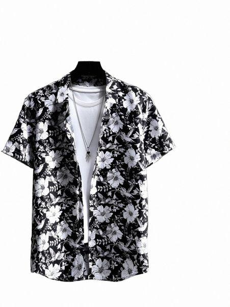 

men random floral print shirt & patch detail shorts without tee 51cm#, Gray
