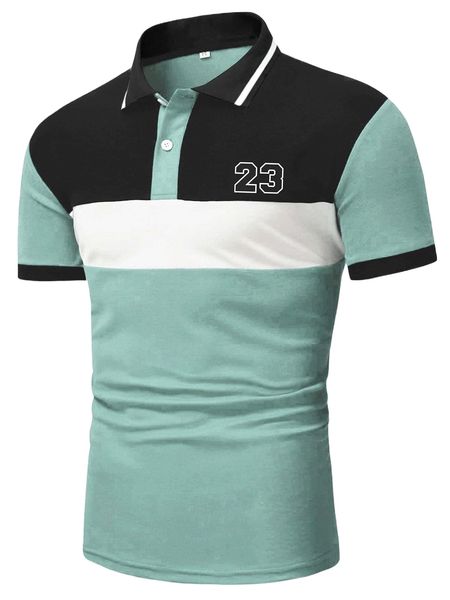 

men number print colorblock polo shirt b75b#, White;black
