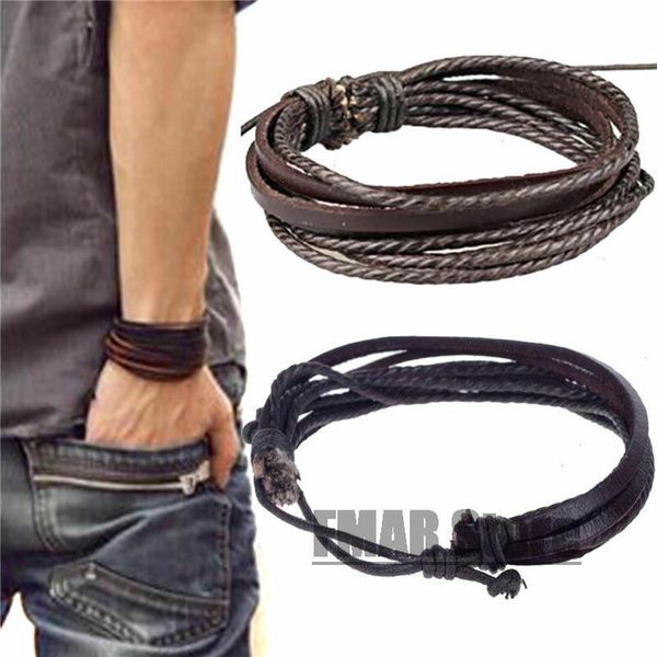 

1pcs retro leather strands wrap braided woven bracelet wristband cuff punk men women surfer bangle couples bohemia jewelry, Black