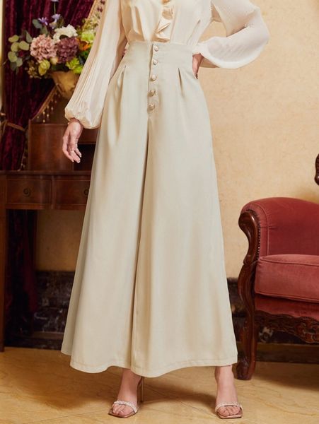 

high waist plicated wide leg pants 20vr#, Black;white