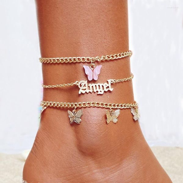 Tornozinhos Fashion Rosa Butterfly Conjunto para mulheres fofas letra de ouro anjo Cadeia de tornozelo de tornozelo de tornozelo jóias de praia de verão roya22