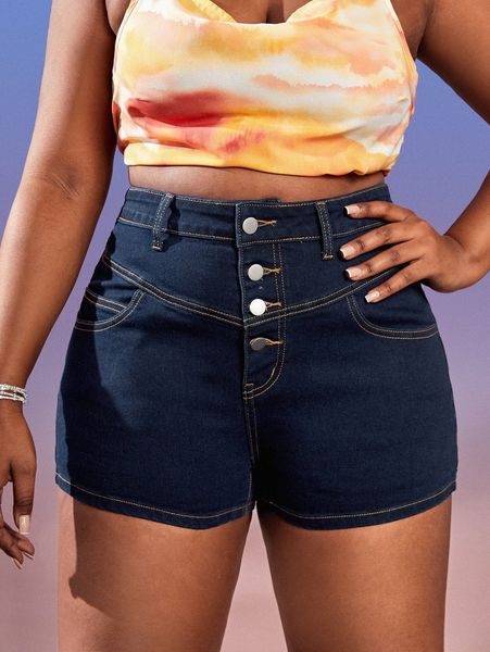 

plus button fly high waist denim shorts 78ls#, White;black