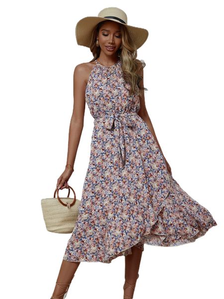 

allover floral print ruffle hem belted dress a6mg#, Black;gray