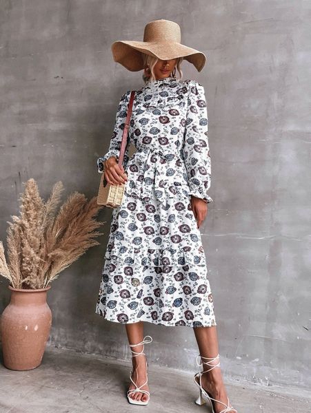 

floral print flounce sleeve layered hem belted dress p0t1#, Black;gray