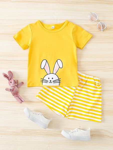 

toddler girls rabbit print tee & striped shorts she, White