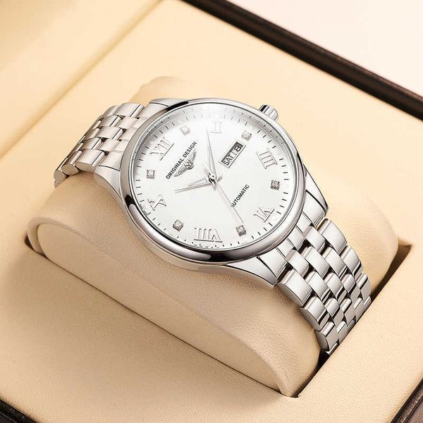 

watch men's automatic mechanical wristwatch hollow luminous waterproof fine steel strip men's watches live broadcast, Slivery;brown