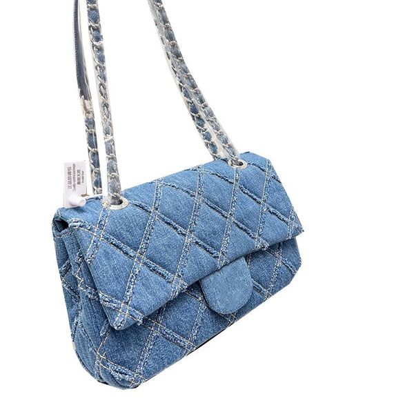 

designer classic medium single flap denim bags quilted blue grey silver hardware matelasse chain crossbody shoulder large capacity outdoor s