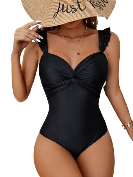 

twist frill trim one piece swimsuit n3v2#, White;black