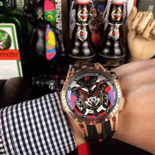 

roge dubui excalibur automatic chain movement, case: 46 mm pirelli rubber strap with dual flying wheels perforated technology to achieve lw8, Slivery;brown