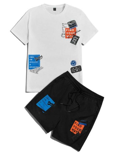 

men slogan & expression print tee & drawstring waist shorts l5gg#, Gray