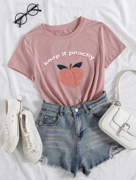 

peach & slogan graphic tee l98w#, White