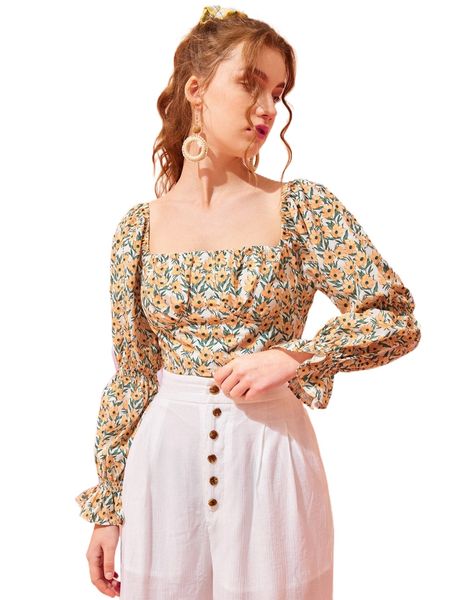

x viktoriiavkart allover floral print ruched bust gather sleeve t1vk#, White