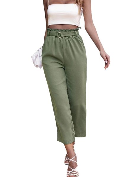 

solid belted paperbag waist pants a0fj#, Black;white