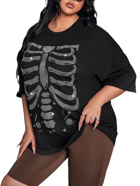 

plus skeleton rhinestone oversized tee m1mw#, Black