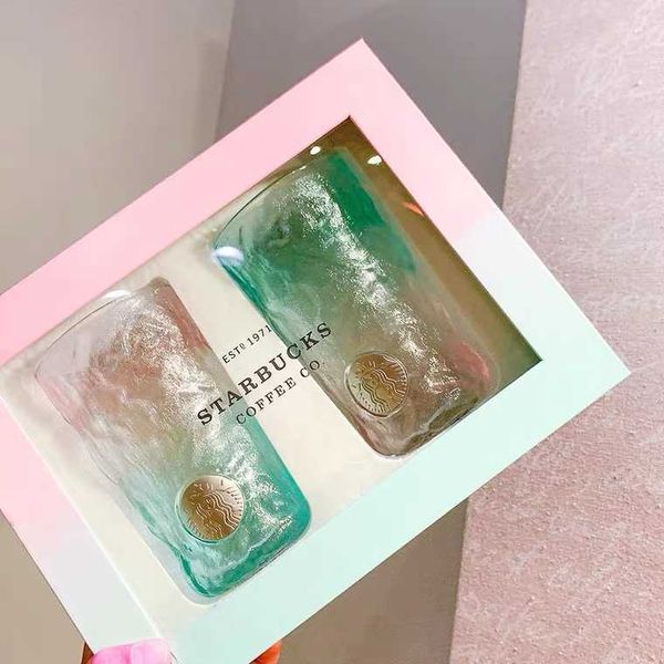 

starbucks 2021 summer new limited pink green gradient glacier pattern glass pair cup tanabata gift box set