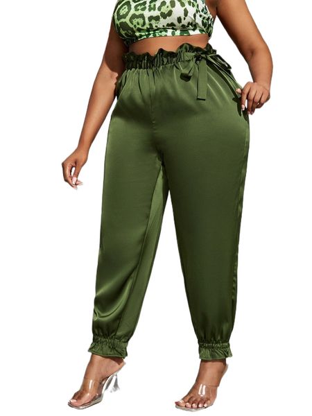 

plus paperbag waist knot side carrot pants n8zf#, Black