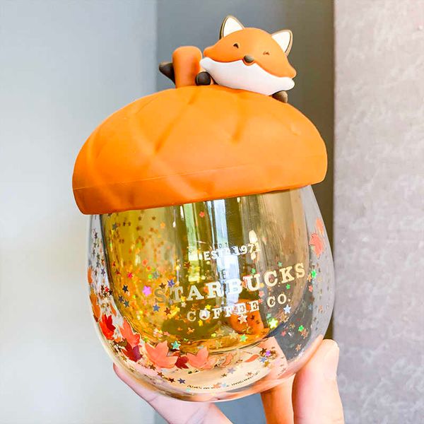 

starbucks cup mid autumn festival acorn sprouting fox double-layer glass office heat-resistant maple leaf sequin water cup with cover