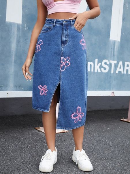 

floral print asymmetric hem denim skirt 00mh#, Black