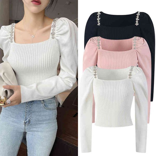 

women's knits tees square neck nail bead knitted clothing autumn slim simple temperament fashionable bubble sleeve 3htc, White